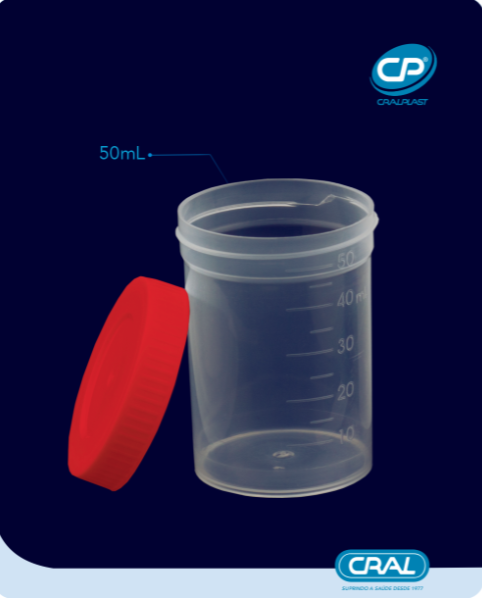 Coletor sem pá 50mL estéril translúcido (emb. individual) 1000und/pct Cralplast