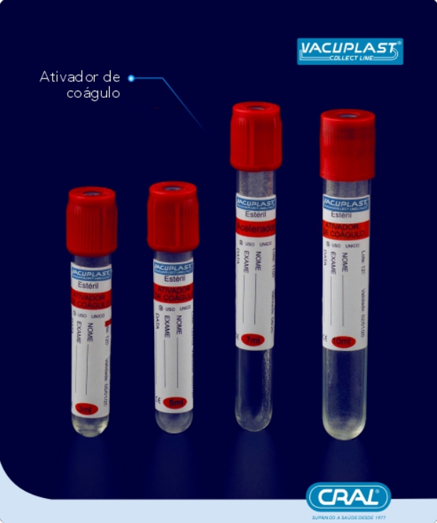 Tubo de coleta de sangue a vácuo c/ ativador de coágulo 13x75mm 5mL 100und/rack Vacuplast